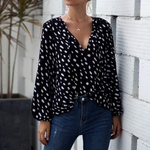 Women Boho Polka Dot V Neck Blouse Top Black - Picture 3 of 4